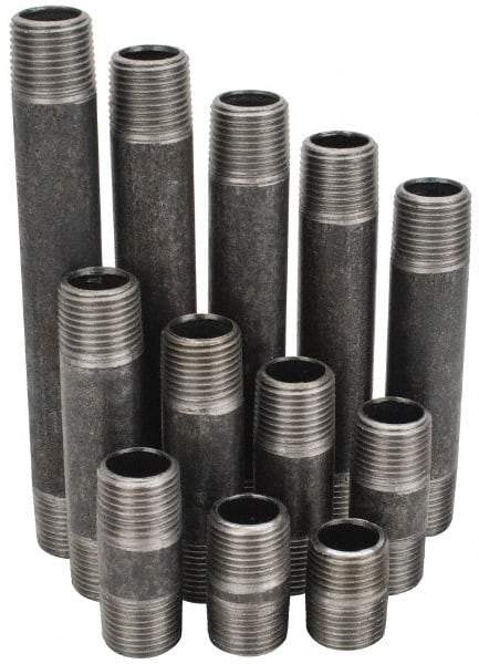 Made in USA - 66 Piece, 1/2" Pipe, Black Finished Steel Pipe Nipple Set - Schedule 40, (6) Close, (6) 1-1/2, (6) 2, (6) 2-1/2, (6) 3, (6) 3-1/2, (6) 4, (6) 4-1/2, (6) 5, (6) 5-1/2, (6) 6 - All Tool & Supply