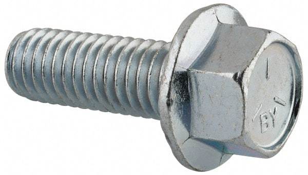 Value Collection - 7/16-14 UNC, 1-1/4" Length Under Head, Hex Drive Flange Bolt - 1-1/4" Thread Length, Grade 5 Steel, Serrated Flange, Zinc-Plated Finish - All Tool & Supply