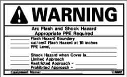 NMC - Accident Prevention Label, Header: WARNING - Legend: Warning - Arc Flash and Shock Hazard - Appropriate PPE Required, English, Black & Orange, 5" Long x 3" High, Sign Muscle Finish - All Tool & Supply