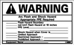 NMC - Accident Prevention Label, Header: WARNING - Legend: Warning - Arc Flash and Shock Hazard - Appropriate PPE Required, English, Black & Orange, 5" Long x 3" High, Sign Muscle Finish - All Tool & Supply