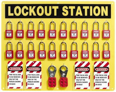 NMC - Equipped Acrylic Tag and Padlock / Hasp Station - 24 Inch Wide x 19 Inch High, Black on Yellow - All Tool & Supply