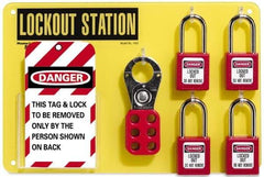 NMC - Equipped Acrylic Tag and Padlock / Hasp Station - 12 Inch Wide x 8 Inch High, Black on Yellow - All Tool & Supply