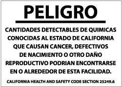 NMC - "Peligro - Cantidades Detectables de Quimicas Conocidas Al Estado de California Que Causan Cancer, Defectivos de Nacimiento...", 10" Long x 14" Wide, Pressure-Sensitive Vinyl Safety Sign - Rectangle, 0.004" Thick, Use for Hazardous Materials - All Tool & Supply