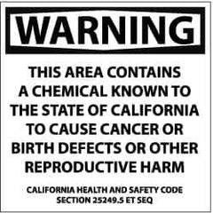 NMC - "Warning - This Area Contains a Chemical Known to the State of California to Cause Cancer or Birth Defects or Other...", 10" Long x 10" Wide, Pressure-Sensitive Vinyl Safety Sign - Square, 0.004" Thick, Use for Hazardous Materials - All Tool & Supply