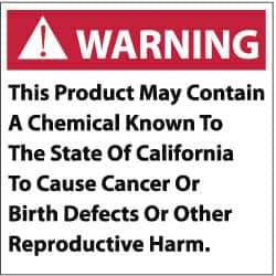 NMC - "Warning - This Product May Contain a Chemical Known to the State of California to Cause Cancer of Birth Defects or...", 10" Long x 10" Wide, Rigid Plastic Safety Sign - Square, 0.05" Thick, Use for Hazardous Materials - All Tool & Supply