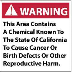 NMC - "Warning - This Area Contains a Chemical Known to the State of California to Cause Cancer, Birth Defects or Other...", 10" Long x 10" Wide, Pressure-Sensitive Vinyl Safety Sign - Square, 0.004" Thick, Use for Hazardous Materials - All Tool & Supply