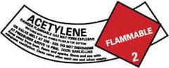 NMC - Hazardous Materials Label - Legend: Acetylene Gas - Flammable 2, English, Red, Black & White, 5-1/4" Long x 2" High, Sign Muscle Finish - All Tool & Supply