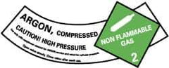 NMC - Hazardous Materials Label - Legend: Argon - Compressed - Caution! - High Pressure - Non Flammable - Gas 2, English, Green, Black & White, 5-1/4" Long x 2" High, Sign Muscle Finish - All Tool & Supply