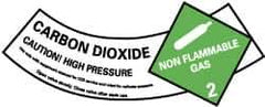 NMC - Hazardous Materials Label - Legend: Carbon Dioxide - Caution! - High Pressure - Non Flammable - Gas 2, English, Green, Black & White, 5-1/4" Long x 2" High, Sign Muscle Finish - All Tool & Supply