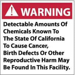 NMC - "Warning - Detectable Amounts of Chemicals Known to the State of California to Cause Cancer, Birth Defects or Other...", 10" Long x 10" Wide, Pressure-Sensitive Vinyl Safety Sign - Square, 0.004" Thick, Use for Hazardous Materials - All Tool & Supply