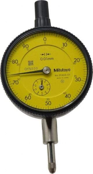 Mitutoyo - 10mm Range, 0-100 Dial Reading, 0.01mm Graduation Dial Drop Indicator - 2-3/16" Dial, 1mm Range per Revolution, 0.013mm Accuracy, Revolution Counter - All Tool & Supply