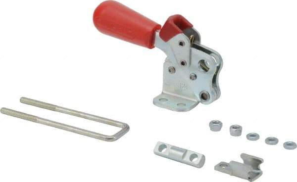 De-Sta-Co - 495 Lb Capacity, Vertical, J Hook, Flanged Base, Carbon Steel Pull Action Latch Clamp - 1.53" Drawing Movement, 3.47" OAL, Threaded U Hook, Straight Handle - All Tool & Supply