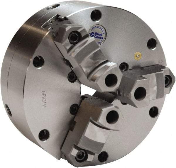 Buck Chuck Company - 3 Jaws, 12" Diam, Self Centering Manual Lathe Chuck - Plain Back Mount Spindle, Adjustable, Reversible, 1,500 Max RPM, 4-1/16" Through Hole Diam, Cast Iron - All Tool & Supply