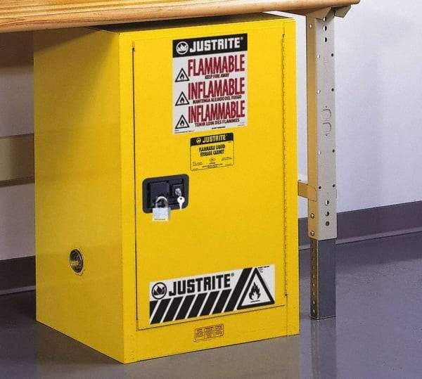 Justrite - 1 Door, 1 Shelf, Yellow Steel Space Saver Safety Cabinet for Flammable and Combustible Liquids - 35" High x 23-1/4" Wide x 18" Deep, Self Closing Door, 12 Gal Capacity - All Tool & Supply