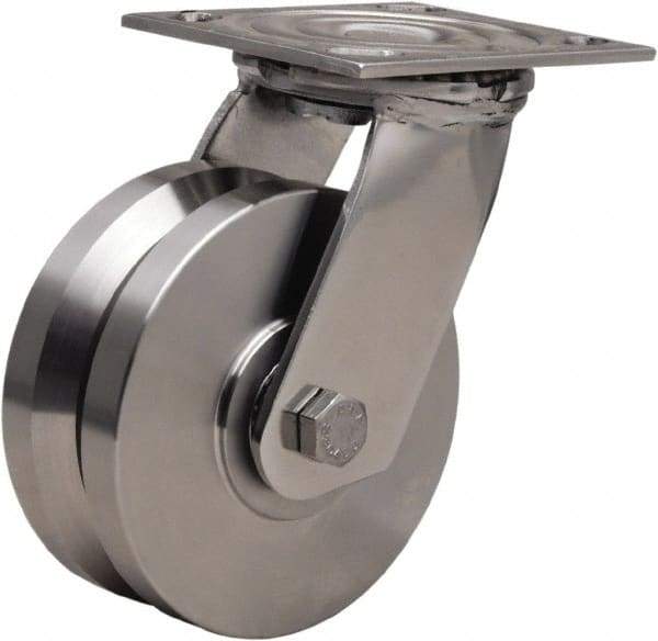 Hamilton - 5" Diam x 2" Wide, Stainless Steel Swivel Caster - 800 Lb Capacity, Top Plate Mount, 3-3/4" x 4-1/2" Plate, Delrin Bearing - All Tool & Supply