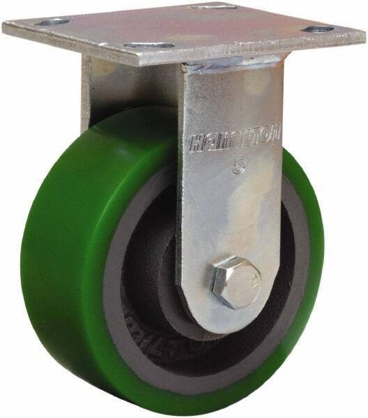 Hamilton - 5" Diam x 2" Wide x 6-1/2" OAH Top Plate Mount Rigid Caster - Polyurethane Mold onto Cast Iron Center, 900 Lb Capacity, Sealed Precision Ball Bearing, 4 x 4-1/2" Plate - All Tool & Supply