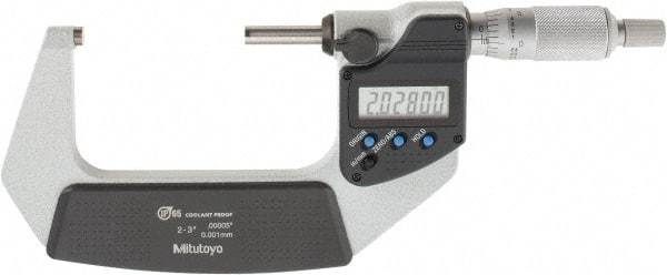 Mitutoyo - 2 to 3 Inch Range, 0.0001 Inch Resolution, Standard Throat, IP65 Electronic Outside Micrometer - 0.0001 Inch Accuracy, Ratchet Stop Thimble, Carbide Face, SR44 Battery, Includes Plastic Case - All Tool & Supply