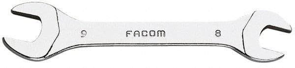 Facom - 8mm x 9mm Stubby Open End Wrench - 3-1/2" OAL, Double End, Satin Finish, 15° Head Angle - All Tool & Supply