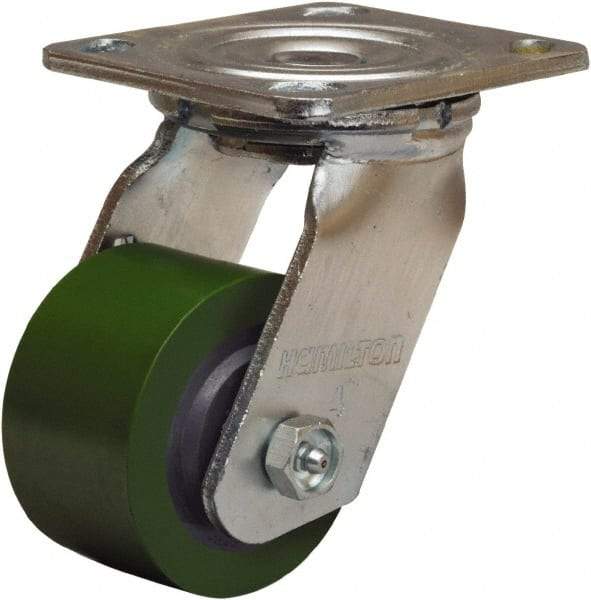 Hamilton - 3-1/4" Diam x 2" Wide x 5-1/4" OAH Top Plate Mount Swivel Caster - Polyurethane Mold onto Cast Iron Center, 575 Lb Capacity, Straight Roller Bearing, 4 x 4-1/2" Plate - All Tool & Supply