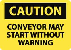 NMC - "Caution - Conveyor May Start without Warning", 10" Long x 14" Wide, Pressure-Sensitive Vinyl Safety Sign - Rectangle, 0.004" Thick, Use for Accident Prevention - All Tool & Supply