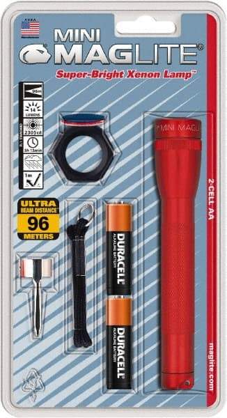 Mag-Lite - Krypton Bulb, 14 Lumens, Mini Flashlight - Red Aluminum Body, 2 AA Alkaline Batteries Included - All Tool & Supply