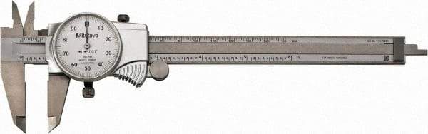 Mitutoyo - 0" to 6" Range, 0.001" Graduation, 0.1" per Revolution, Dial Caliper - White Face, 1-9/16" Jaw Length, Accurate to 0.0010" - All Tool & Supply