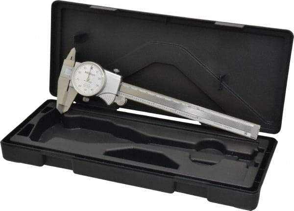 Mitutoyo - 0mm to 6" Range, 0.001" Graduation, 0.1" per Revolution, Dial Caliper - White Face, 1-9/16" Jaw Length, Accurate to 0.0010" - All Tool & Supply