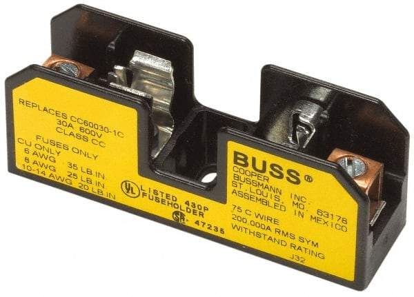 Cooper Bussmann - 2 Pole, 10 to 14 AWG, 480 VAC/VDC, 30 Amp, DIN Rail Mount Fuse Block - 3 Inch Long x 1.63 Inch Wide x 1.22 Inch High Block - All Tool & Supply