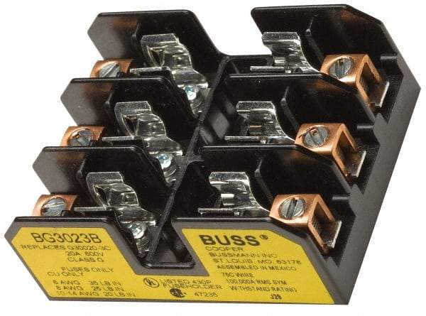 Cooper Bussmann - 3 Pole, 14 to 6 AWG, 480 VAC/VDC, 30 Amp, DIN Rail Mount Fuse Block - 3 Inch Long x 2.38 Inch Wide x 1.22 Inch High Block - All Tool & Supply