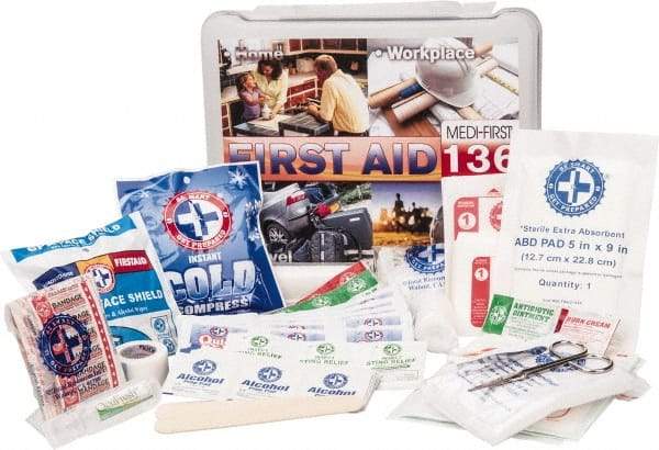 Medique - 136 Piece, Multipurpose/Auto/Travel First Aid Kit - 10-1/2" Wide x 3" Deep x 9" High, Plastic Case - All Tool & Supply