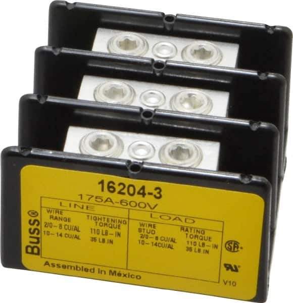 Cooper Bussmann - 3 Poles, 175 Amp, 2/0-8 AWG (Cu/Al) Primary, 2/0-8 AWG (Cu/Al) Secondary, Thermoplastic Power Distribution Block - 600 VAC/VDC, 1 Primary Connection, 5.2 Inch Long x 3.32 Inch Deep x 4 Inch High - All Tool & Supply