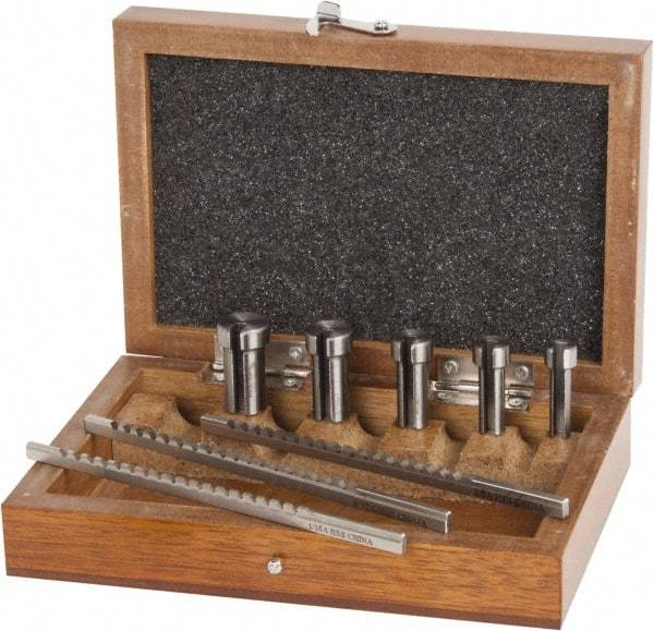 Value Collection - 8 Piece, 1/16 to 1/8" Keyway Width, Style A Keyway Broach Set - Bright Finish High Speed Steel Broach, Collared Bushing, 1/4 to 1/2" Bushing Diam - All Tool & Supply