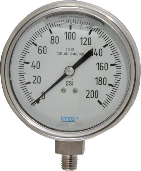 Wika - 4" Dial, 1/4 Thread, 0-200 Scale Range, Pressure Gauge - Lower Connection Mount, Accurate to 1% of Scale - All Tool & Supply