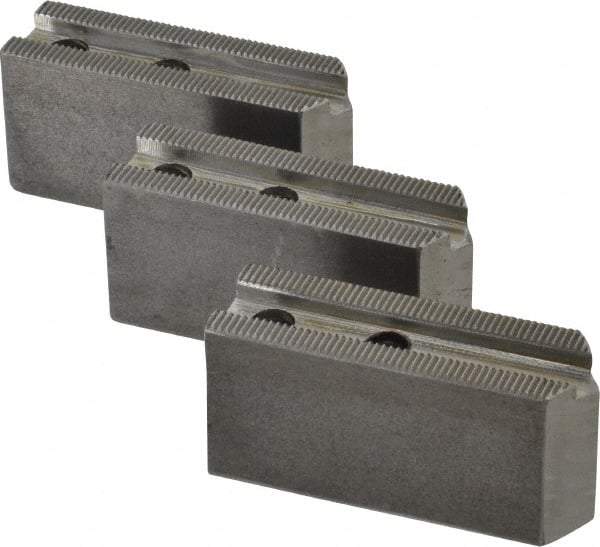 H & R Manufacturing - 1.5mm x 60° Serrated Attachment, Square Soft Lathe Chuck Jaw - 3 Jaws, Steel, 0.969" Btw Mount Hole Ctrs, 3-1/8" Long x 1" Wide x 1-1/2" High, 0.433" Groove, 8mm Fastener - All Tool & Supply