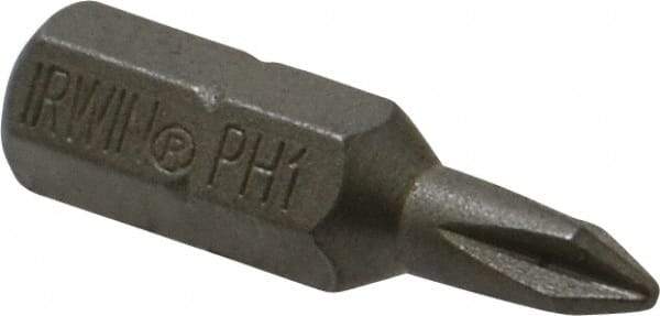 Irwin - #1, Reduced Tip Phillips Screwdriver Bit - 1/4" Drive, 1" OAL - All Tool & Supply