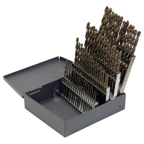 #1-#60 RHS / RHC HSS-CO 8% (M42) 135 Degree Split Point Heavy Duty Cobalt Jobber Length Drill Set - Straw / Gold Oxide - Exact Industrial Supply