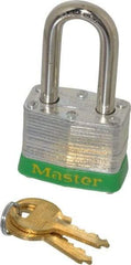 Master Lock - Keyed Alike Retaining Key Conductive Lockout Padlock - 1-1/2" Shackle Clearance, 9/32" Shackle Diam, 1-1/4" Body Height x 1-9/16" Body Width, Green, 4 Pins - All Tool & Supply