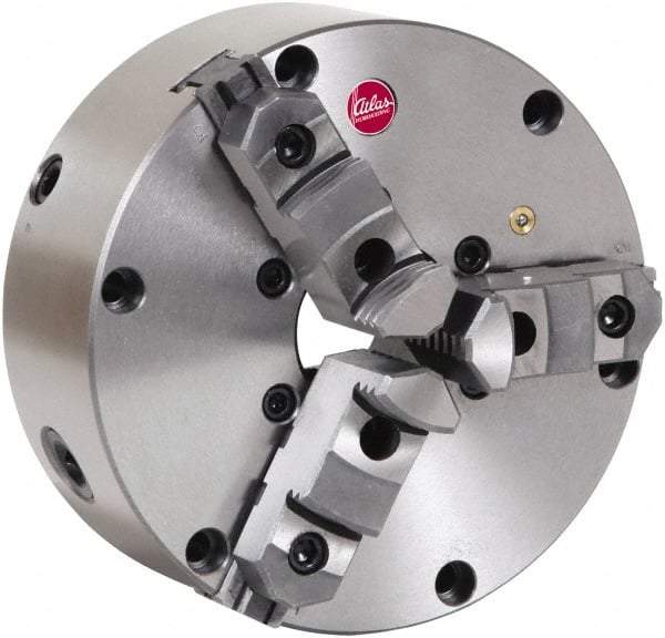 Atlas Workholding - 3 Jaws, 6" Diam, Self Centering Manual Lathe Chuck - Plain Back Mount Spindle, Adjustable, Reversible, 3,000 Max RPM, 1.54" Through Hole Diam, Cast Iron - All Tool & Supply