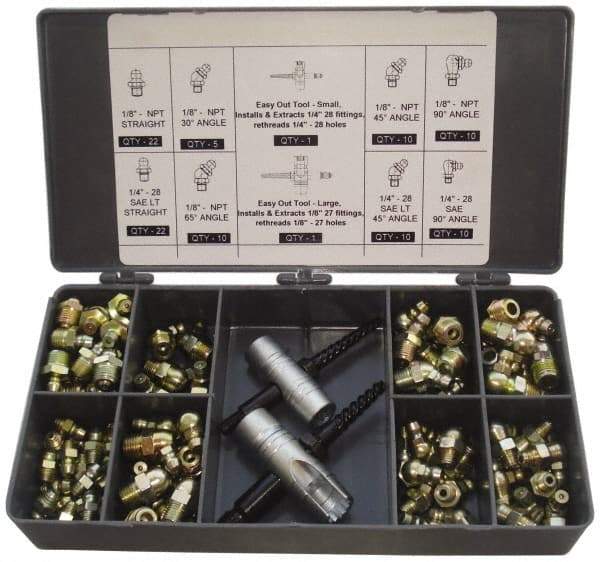 PRO-LUBE - 101 Piece, Metric, Box Plastic Steel Grease Fitting Set - Includes Metric Thread Types, Includes M10x1: (20) Straight, (5) 45°, (10) 90°, M6x1: (30) Straight, (5) 45°, (10) 90°, M8x1: (14) Straight, (5) 90° - All Tool & Supply