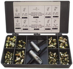 PRO-LUBE - 101 Piece, Inch, Box Plastic Steel Grease Fitting Set - Includes PTF, UNF Thread Types, Includes 1/4-28 SAE-LT: (22) Straight, (10) 45°, (10) 90°, 1/8-27 PTF: (22) Straight, (5) 30°, (10) 45°, (10) 65°, (10) 90° - All Tool & Supply