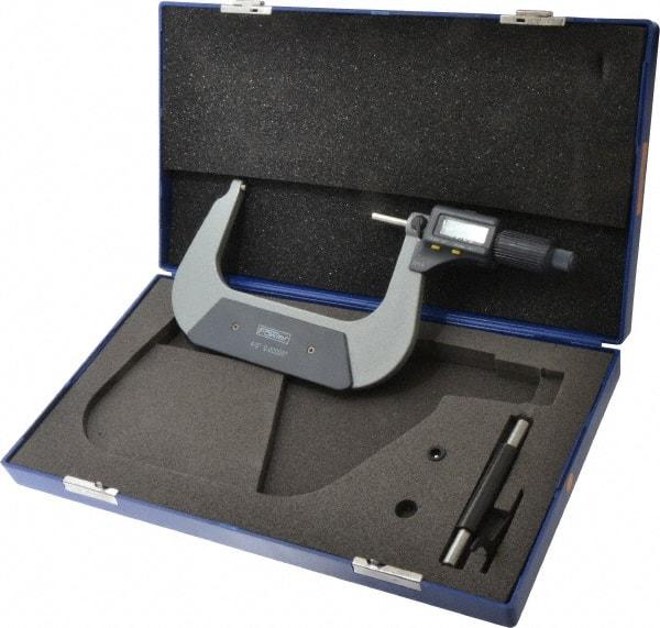 Fowler - 4 to 5 Inch Range, 0.0001 Inch Resolution, Standard Throat, IP54 Electronic Outside Micrometer - 0.0002 Inch Accuracy, Friction Thimble, 357 Battery, Data Output, Includes Case and Wrench - All Tool & Supply