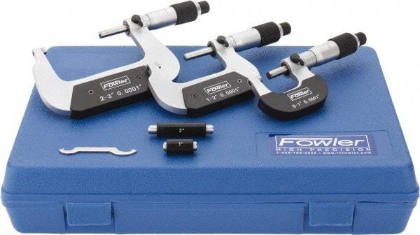 Fowler - 0 to 3" Range, 3 Piece Mechanical Outside Micrometer Set - 0.0001" Graduation, 0.0001 (0 to 2)" Accuracy, Ratchet-Friction Thimble, Carbide Tipped Face - All Tool & Supply