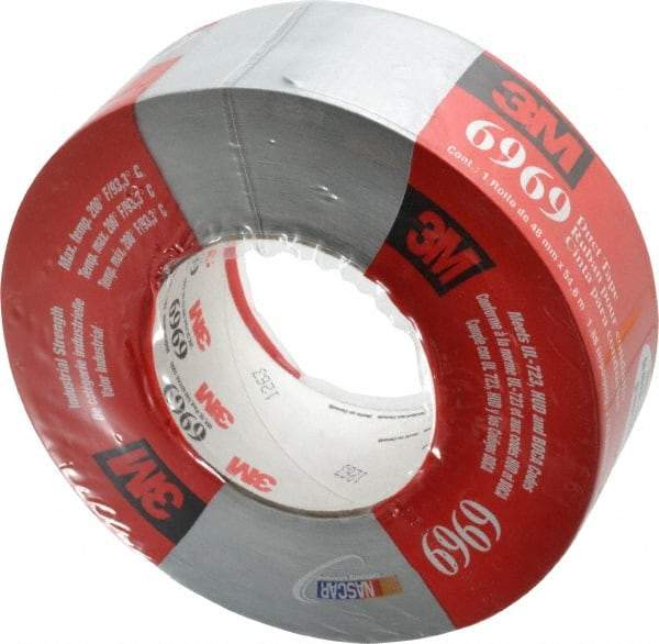 3M - 2" x 55m Silver Duct Tape - 10.7 mil, Rubber Adhesive, Polyethylene Film Backing, 32 Lb/ln Tensile Strength, 200°F Max, Series 6969 - All Tool & Supply