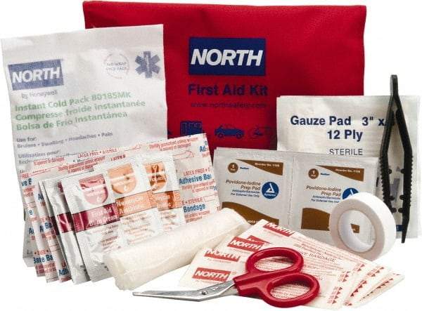 North - 39 Piece, 10 Person, Multipurpose/Auto/Travel First Aid Kit - 4-1/2" Wide x 1-1/2" Deep x 7" High, Nylon Bag - All Tool & Supply