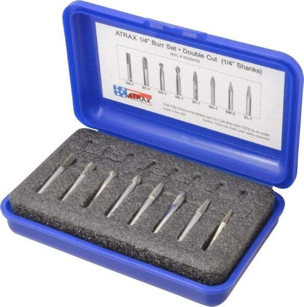 Atrax - 8 Piece, 1/4" Shank Burr Set - Tungsten Carbide, Multiple Head Shape - All Tool & Supply