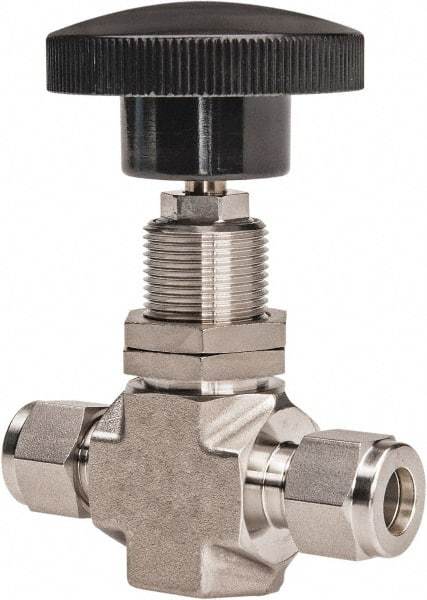 Ham-Let - 5,000 Max psi, 3/8" Pipe, 316 Grade Stainless Steel, Inline Stem Regulating Instrumentation Needle Valve - Compression x Compression End Connections, Swaglok SS-1RS6-SH - All Tool & Supply