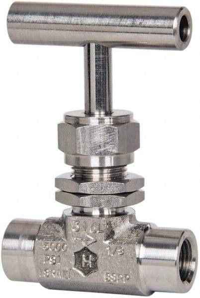 Ham-Let - 5,000 Max psi, 1/4" Pipe, 316 Grade Stainless Steel, Inline Instrumentation Needle Valve - FNPT x FNPT End Connections, Swaglok SS-1RF4-SH - All Tool & Supply