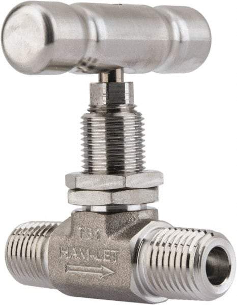 Ham-Let - 5,000 Max psi, 1/4" Pipe, 316 Grade Stainless Steel, Inline Stem Vee Instrumentation Needle Valve - MNPT x MNPT End Connections, Swaglok SS-1VM4-SH - All Tool & Supply