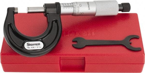 Starrett - 0 to 1" Range, 0.0001" Graduation, Mechanical Outside Micrometer - Ratchet Stop Thimble, Accurate to 0.00005" - All Tool & Supply