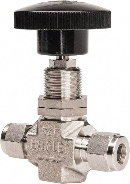 Ham-Let - 5,000 Max psi, 3/8" Pipe, 316 Grade Stainless Steel, Inline Stem Regulating Instrumentation Needle Valve - Compression x Compression End Connections, Swaglok SS-1RS6 - All Tool & Supply